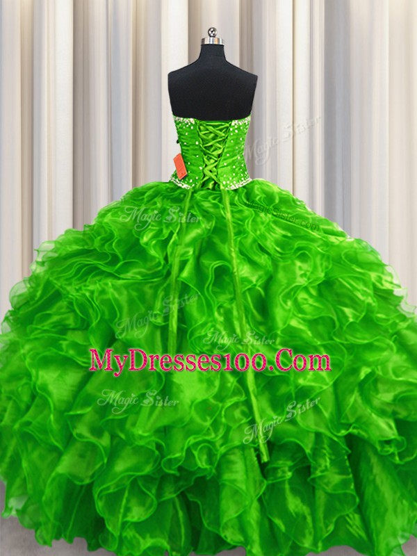 Low Price Green Lace Up Strapless Beading and Ruffles Sweet 16 Dresses Organza Sleeveless