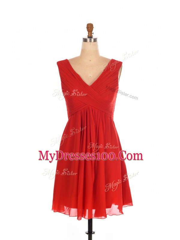 Fancy Red Sleeveless Mini Length Ruching Zipper Damas Dress