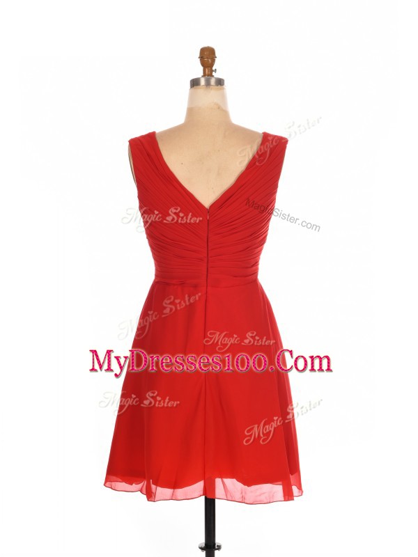 Fancy Red Sleeveless Mini Length Ruching Zipper Damas Dress