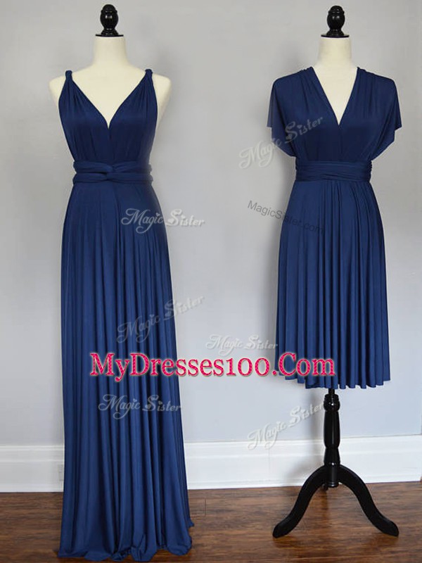 Straps Sleeveless Lace Up Bridesmaid Gown Navy Blue Chiffon