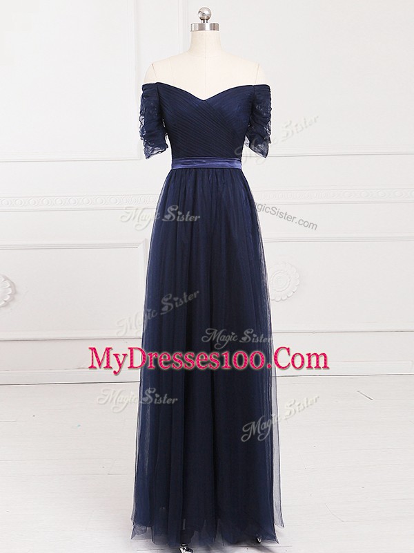 Empire Court Dresses for Sweet 16 Navy Blue Off The Shoulder Tulle Short Sleeves Floor Length Lace Up