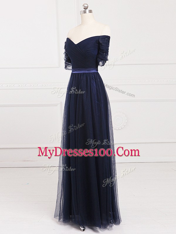 Empire Court Dresses for Sweet 16 Navy Blue Off The Shoulder Tulle Short Sleeves Floor Length Lace Up