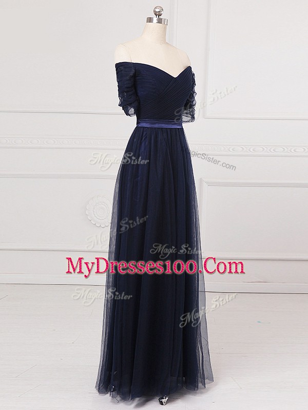 Empire Court Dresses for Sweet 16 Navy Blue Off The Shoulder Tulle Short Sleeves Floor Length Lace Up