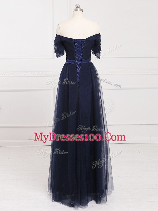 Empire Court Dresses for Sweet 16 Navy Blue Off The Shoulder Tulle Short Sleeves Floor Length Lace Up