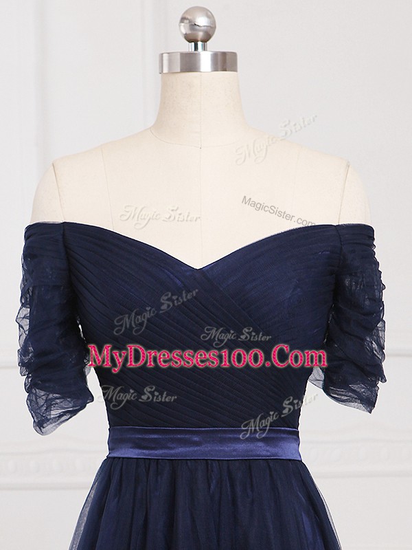 Empire Court Dresses for Sweet 16 Navy Blue Off The Shoulder Tulle Short Sleeves Floor Length Lace Up
