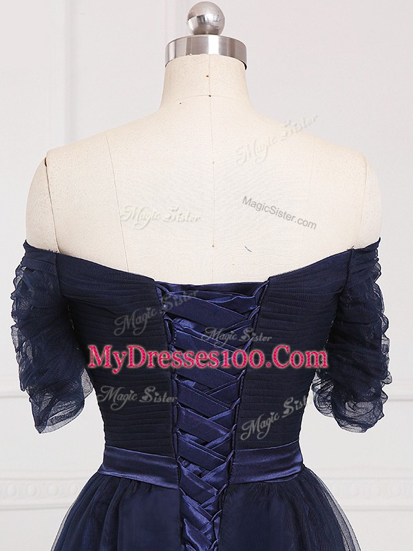 Empire Court Dresses for Sweet 16 Navy Blue Off The Shoulder Tulle Short Sleeves Floor Length Lace Up