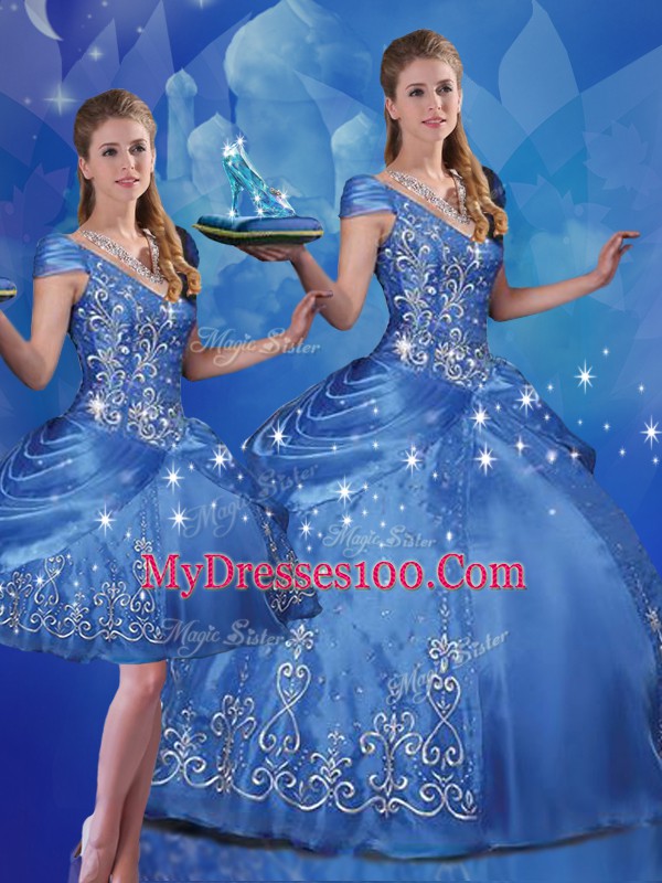 Pretty Blue Organza Lace Up Quince Ball Gowns Cap Sleeves Floor Length Beading and Embroidery