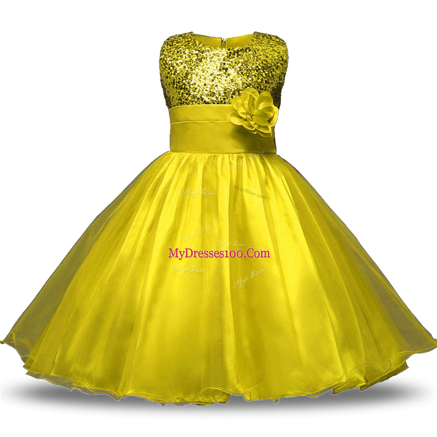 Yellow Sleeveless Knee Length Bowknot and Belt and Hand Made Flower Zipper Flower Girl Dress