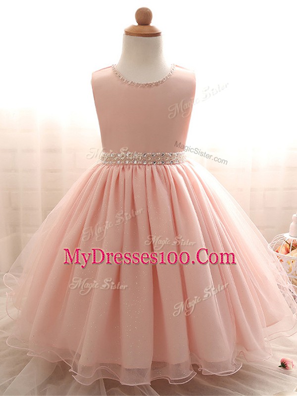 High End Pink Lace Up Little Girls Pageant Dress Wholesale Beading Sleeveless Floor Length