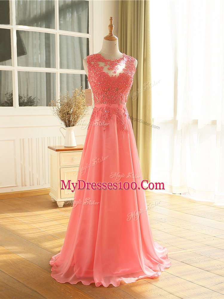 Edgy Chiffon Sleeveless Floor Length Prom Dress and Beading and Lace and Appliques