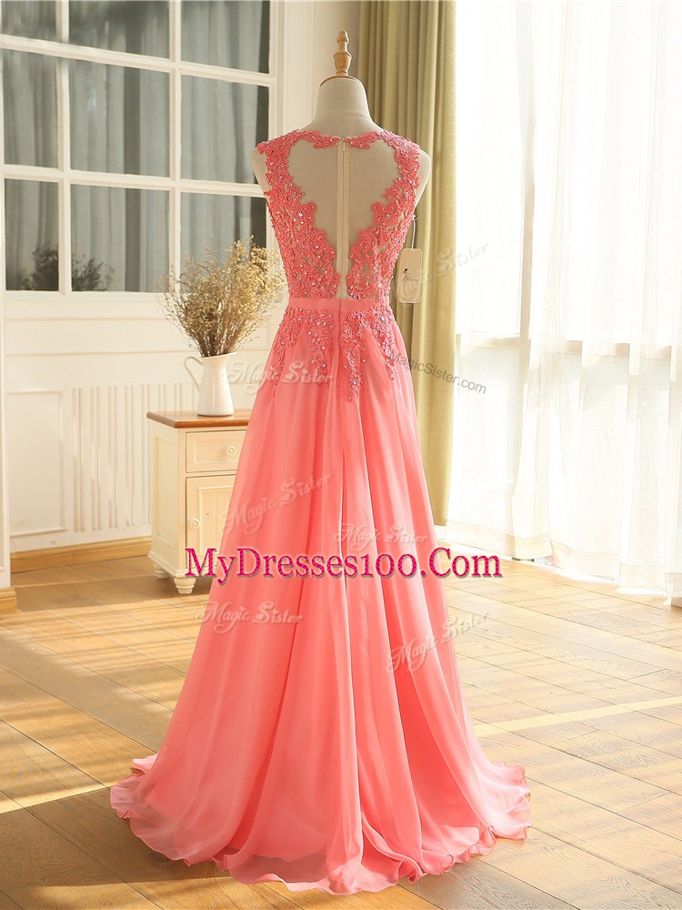 Edgy Chiffon Sleeveless Floor Length Prom Dress and Beading and Lace and Appliques