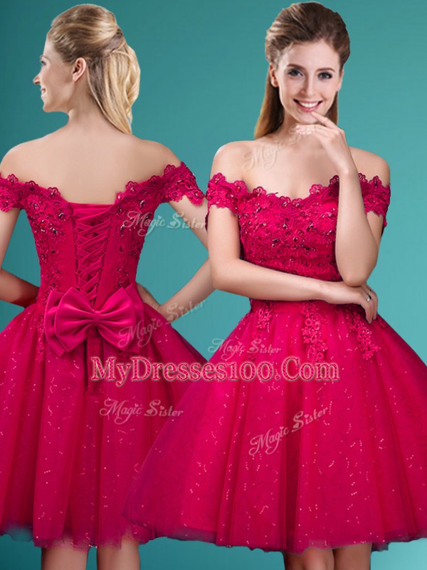 High End Cap Sleeves Tulle Knee Length Lace Up Damas Dress in Red with Lace and Belt
