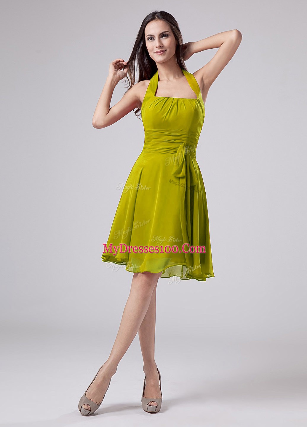 Adorable Olive Green Empire Ruching Mother Of The Bride Dress Zipper Chiffon Sleeveless Knee Length