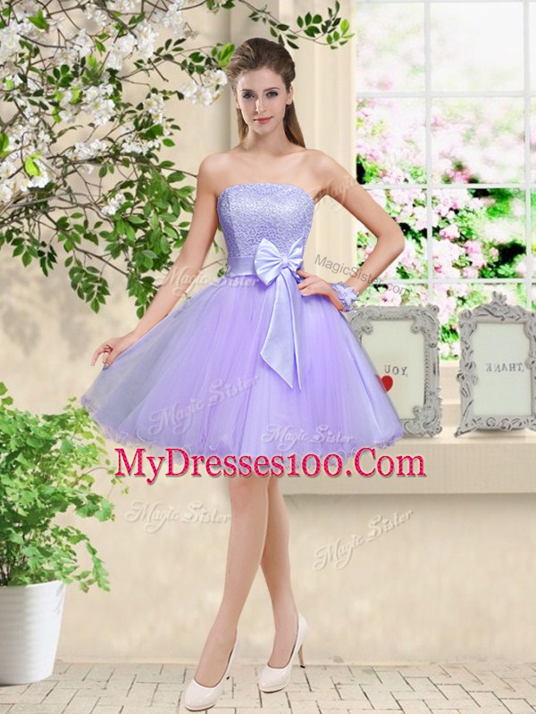 Inexpensive Lilac Organza Lace Up Off The Shoulder Sleeveless Knee Length Bridesmaids Dress Lace and Belt