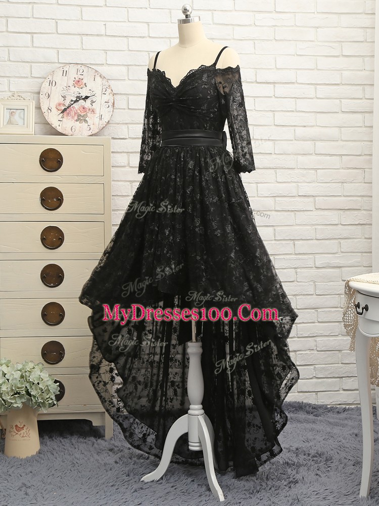 Eye-catching Black Empire Off The Shoulder Half Sleeves Lace High Low Zipper Lace Prom Dresses