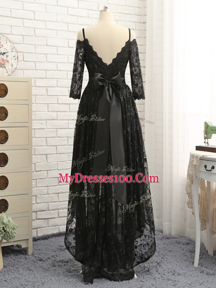 Eye-catching Black Empire Off The Shoulder Half Sleeves Lace High Low Zipper Lace Prom Dresses
