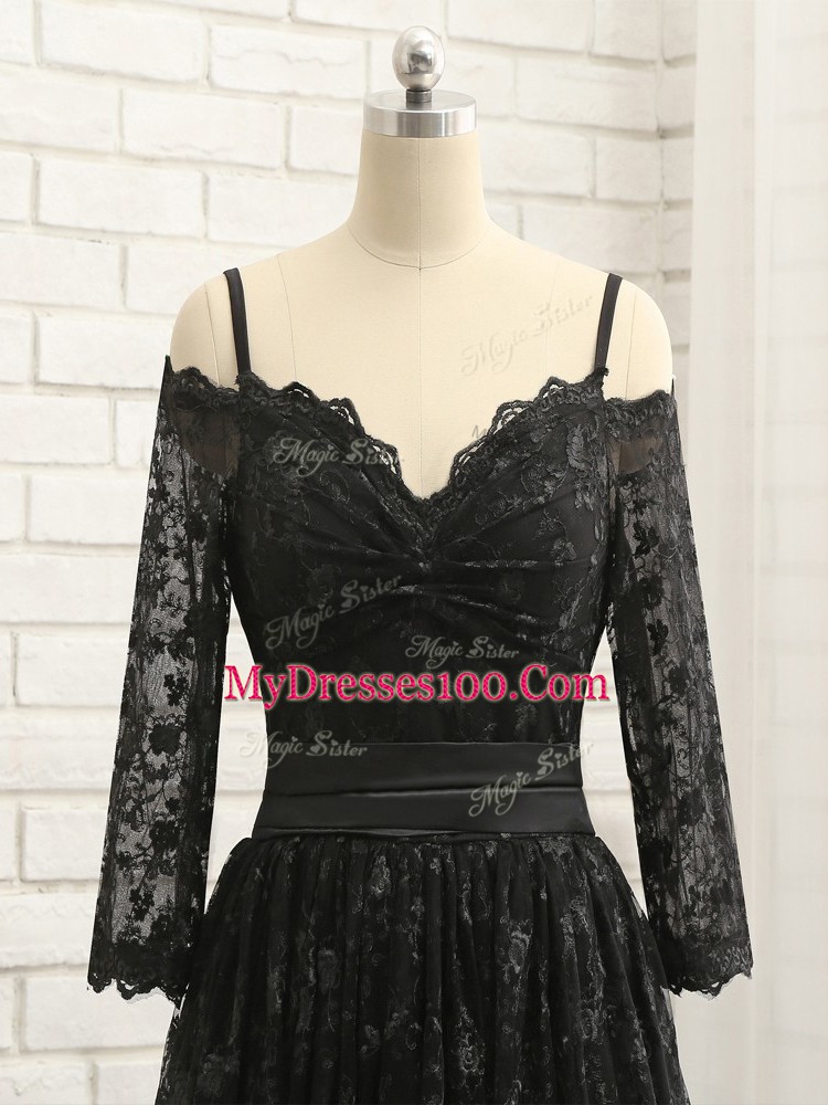 Eye-catching Black Empire Off The Shoulder Half Sleeves Lace High Low Zipper Lace Prom Dresses