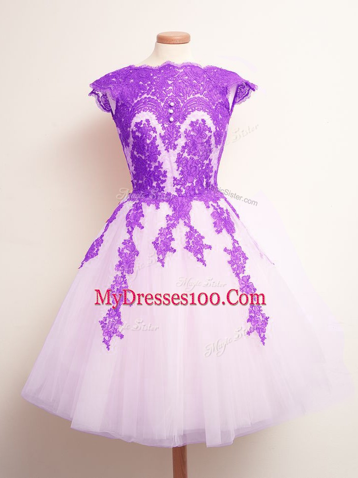 Graceful Multi-color Tulle Lace Up Scalloped Sleeveless Mini Length Bridesmaid Gown Appliques