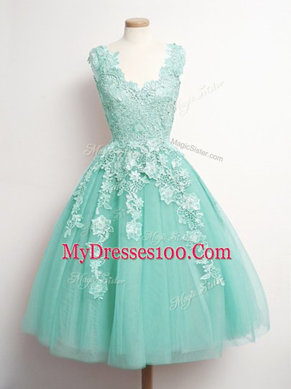Knee Length Aqua Blue Wedding Guest Dresses Tulle Sleeveless Appliques