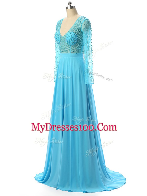 V-neck Long Sleeves Brush Train Zipper Mother Of The Bride Dress Baby Blue Chiffon