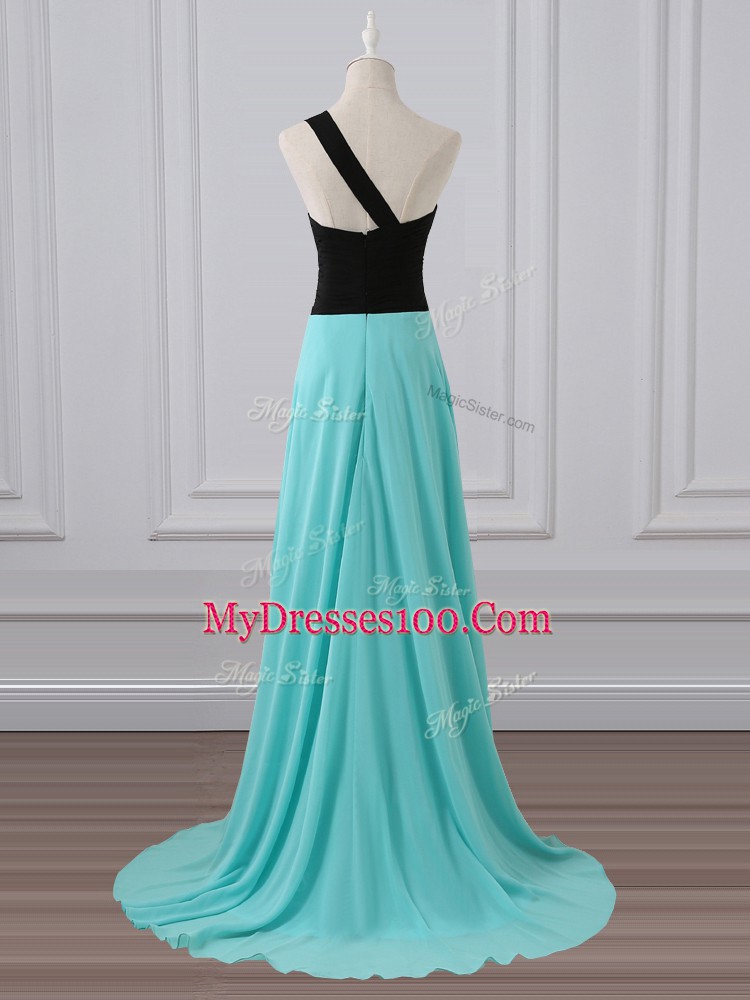 Sophisticated Aqua Blue Wedding Guest Dresses One Shoulder Sleeveless Brush Train Zipper