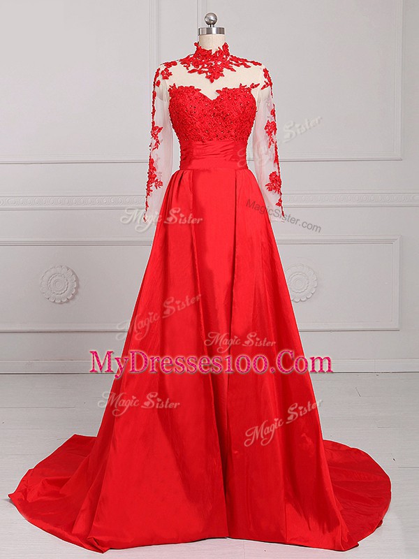 On Sale Lace and Appliques Prom Evening Gown Red Backless Long Sleeves Brush Train