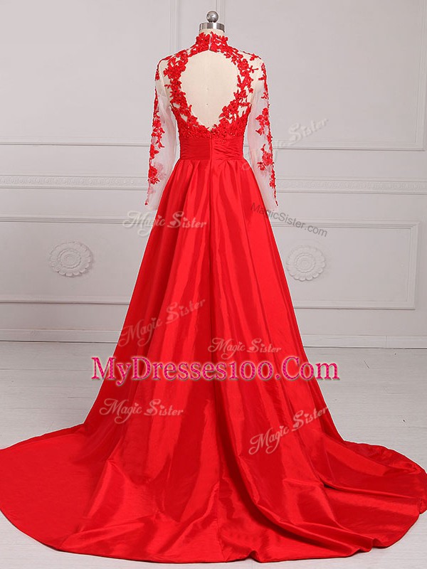 On Sale Lace and Appliques Prom Evening Gown Red Backless Long Sleeves Brush Train