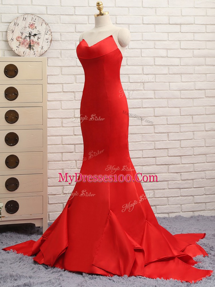 Luxury Red Sweetheart Zipper Ruching Prom Gown Brush Train Sleeveless