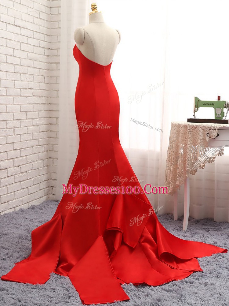 Luxury Red Sweetheart Zipper Ruching Prom Gown Brush Train Sleeveless