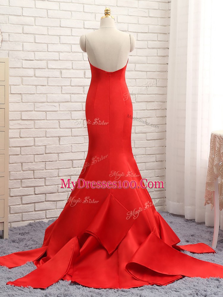 Luxury Red Sweetheart Zipper Ruching Prom Gown Brush Train Sleeveless