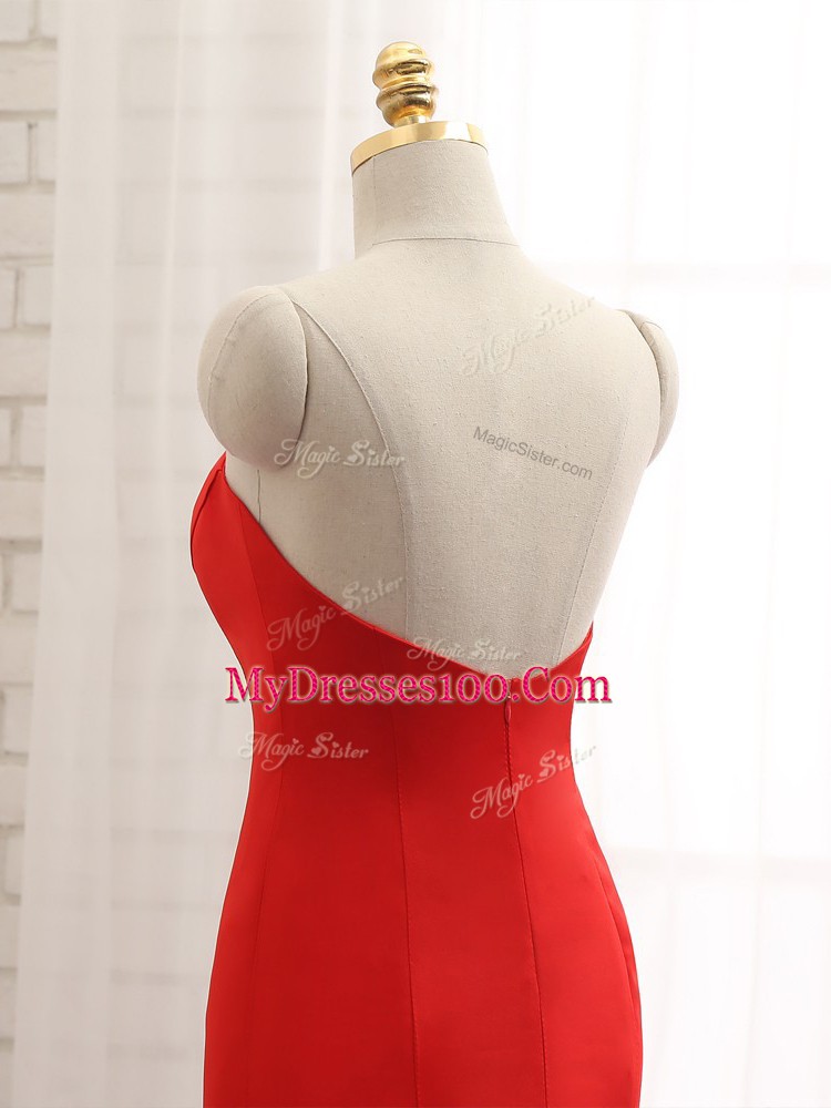 Luxury Red Sweetheart Zipper Ruching Prom Gown Brush Train Sleeveless
