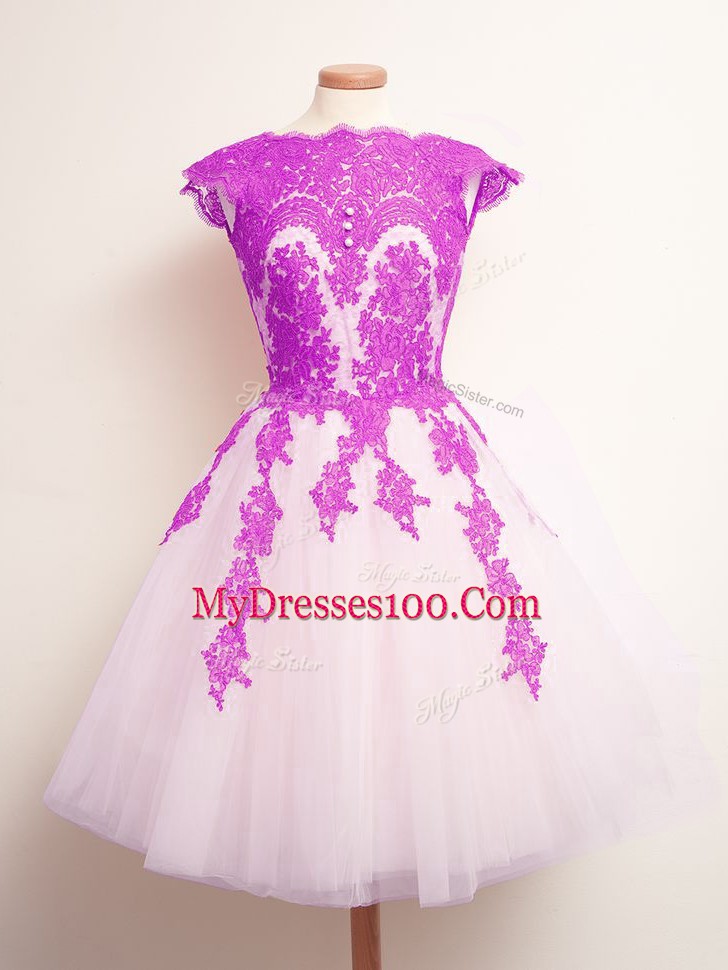 Best Selling Multi-color A-line Scalloped Sleeveless Tulle Mini Length Lace Up Appliques Bridesmaid Gown