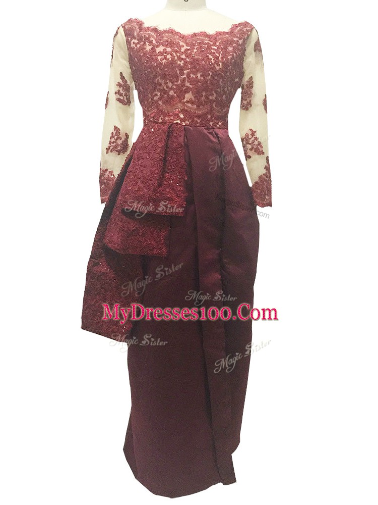 Classical Taffeta Long Sleeves Floor Length Mother Of The Bride Dress and Lace and Appliques