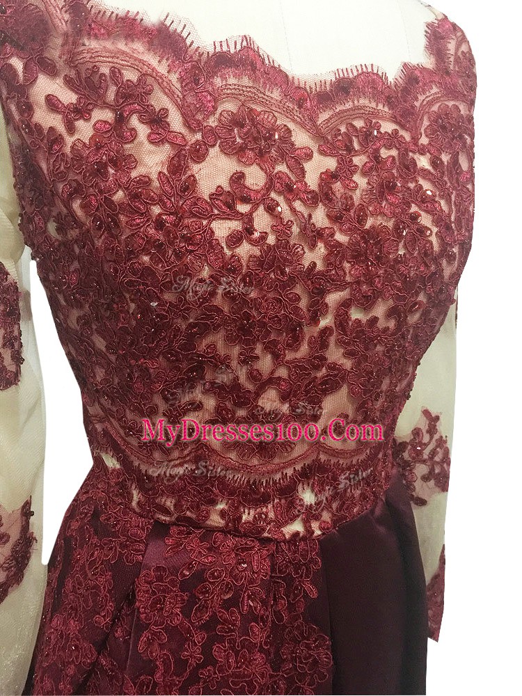 Classical Taffeta Long Sleeves Floor Length Mother Of The Bride Dress and Lace and Appliques