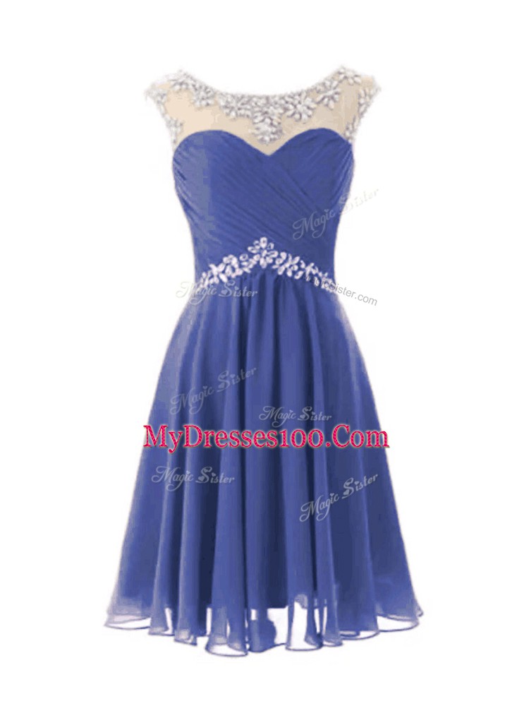 Top Selling Blue Scoop Neckline Beading Evening Dress Cap Sleeves Zipper