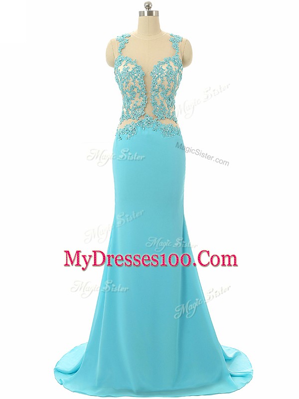 Glamorous Backless Prom Dresses Aqua Blue for Prom and Military Ball and Sweet 16 with Lace and Appliques Brush Train