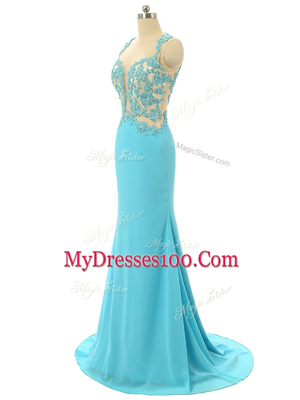 Glamorous Backless Prom Dresses Aqua Blue for Prom and Military Ball and Sweet 16 with Lace and Appliques Brush Train