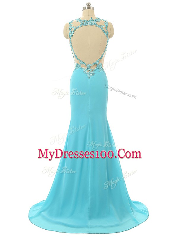 Glamorous Backless Prom Dresses Aqua Blue for Prom and Military Ball and Sweet 16 with Lace and Appliques Brush Train