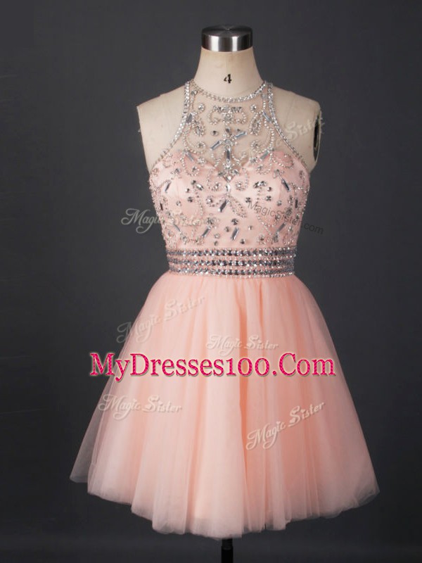 Sleeveless Mini Length Beading Lace Up Party Dresses with Peach
