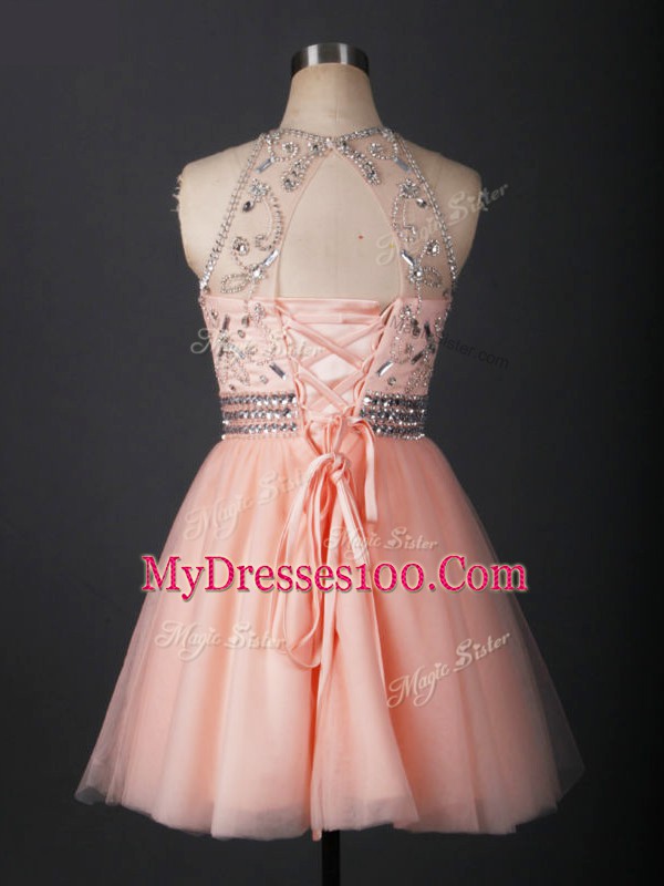 Sleeveless Mini Length Beading Lace Up Party Dresses with Peach
