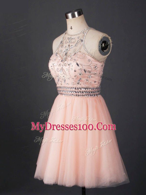 Sleeveless Mini Length Beading Lace Up Party Dresses with Peach