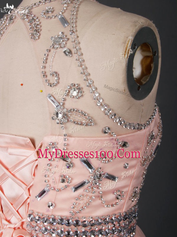 Sleeveless Mini Length Beading Lace Up Party Dresses with Peach