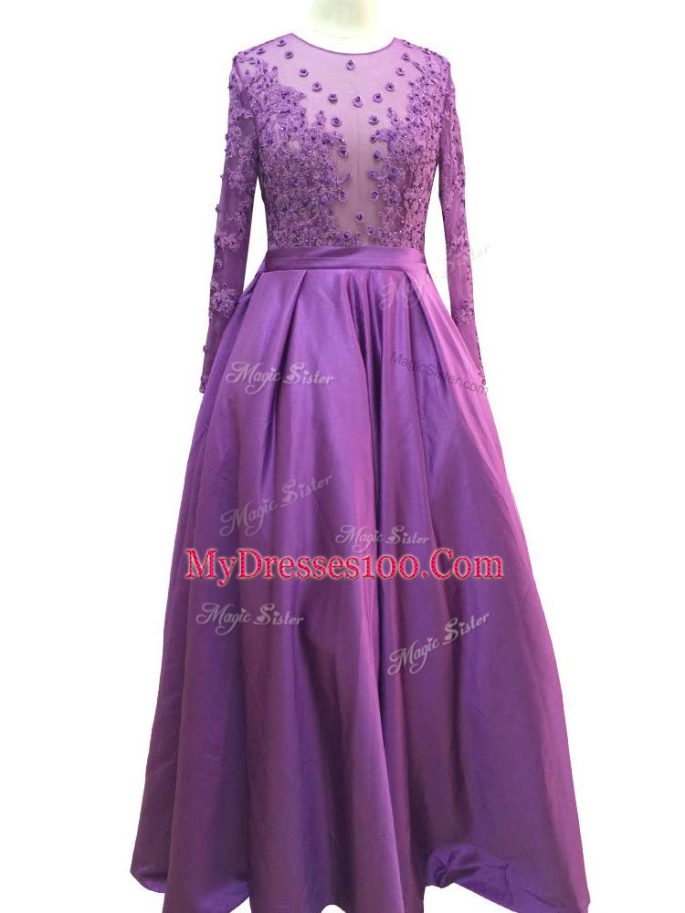 Purple Empire Beading and Lace and Appliques Zipper Taffeta Long Sleeves Floor Length