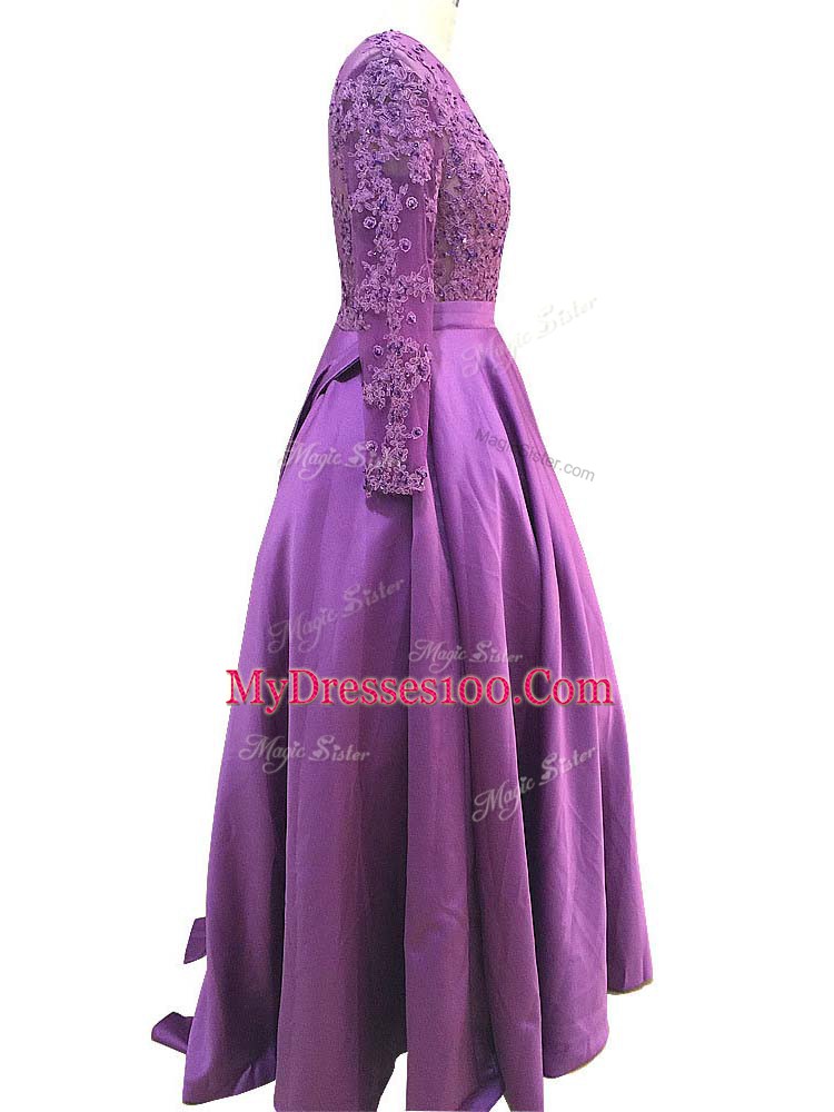 Purple Empire Beading and Lace and Appliques Zipper Taffeta Long Sleeves Floor Length