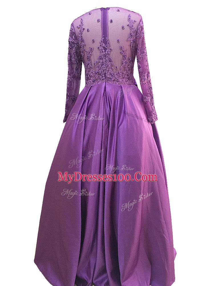 Purple Empire Beading and Lace and Appliques Zipper Taffeta Long Sleeves Floor Length