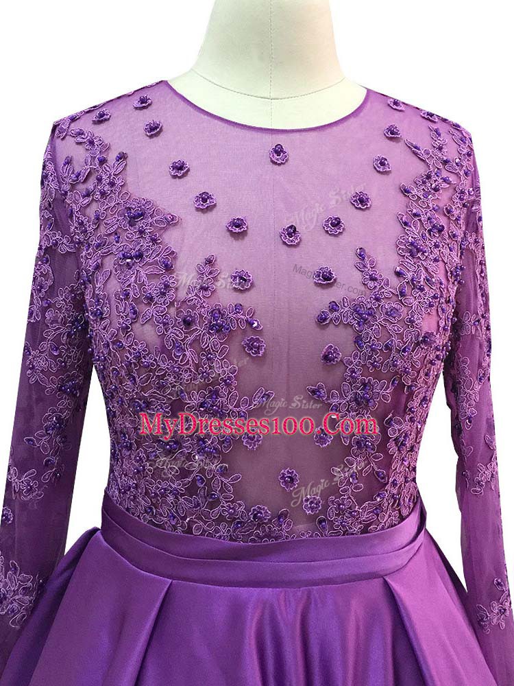 Purple Empire Beading and Lace and Appliques Zipper Taffeta Long Sleeves Floor Length