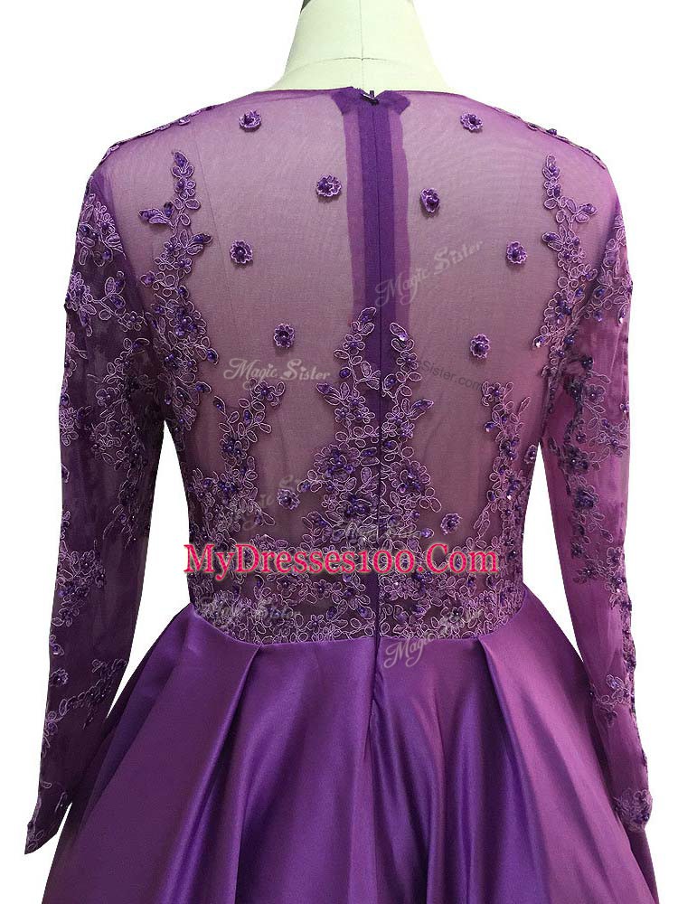Purple Empire Beading and Lace and Appliques Zipper Taffeta Long Sleeves Floor Length