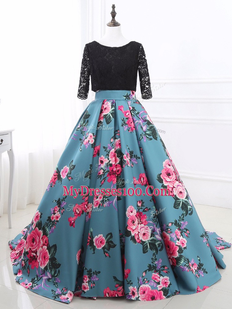 Perfect Multi-color Printed Backless Scoop Long Sleeves Prom Dresses Brush Train Lace and Appliques
