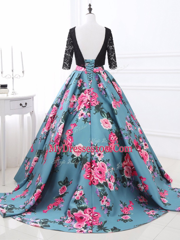 Perfect Multi-color Printed Backless Scoop Long Sleeves Prom Dresses Brush Train Lace and Appliques