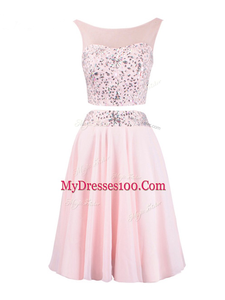 Empire Prom Party Dress Baby Pink Scoop Organza Sleeveless Knee Length Zipper